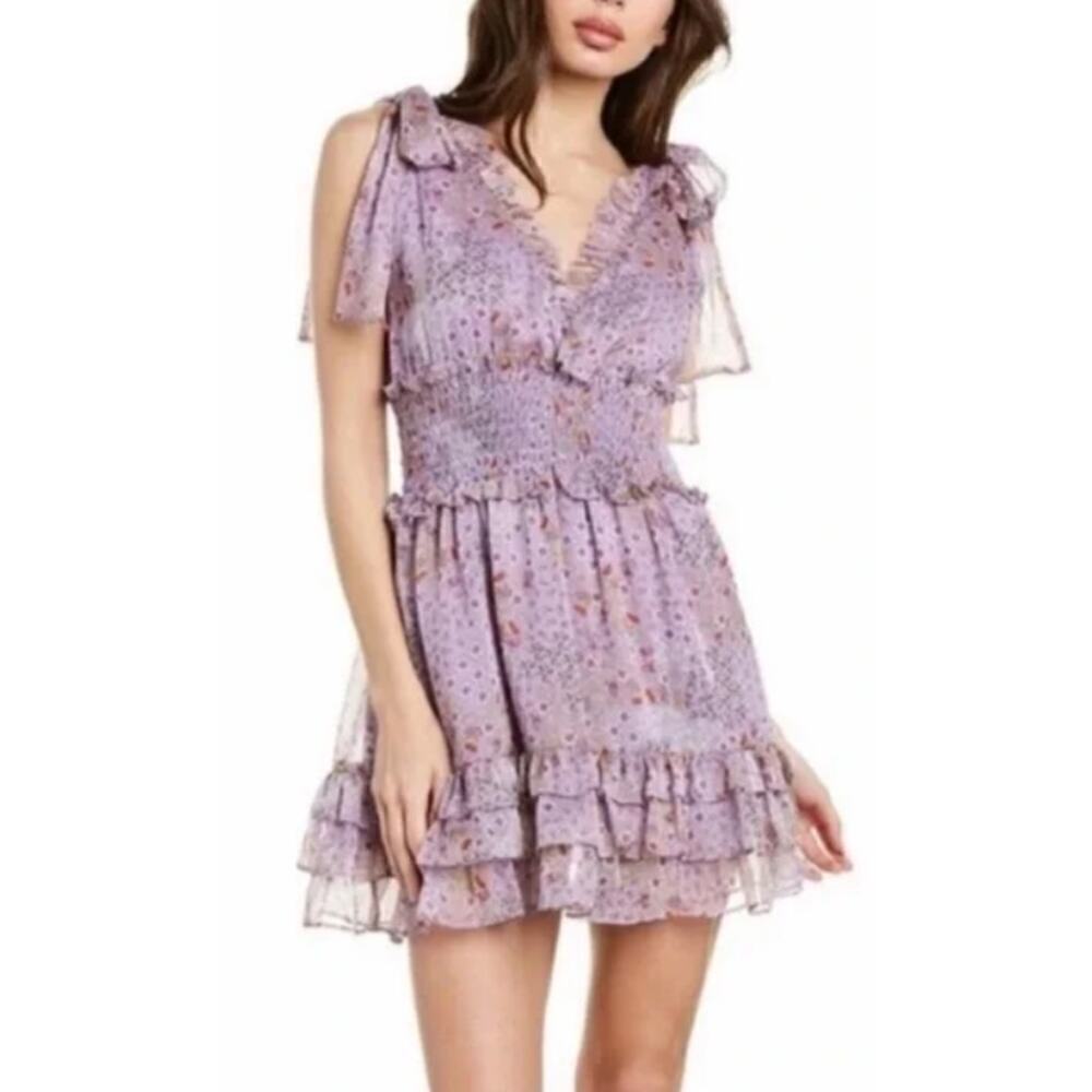 Alexis Tandie Mini Dress Ruffle Floral Lilac Purple Coquette Romantic HOCO Prom